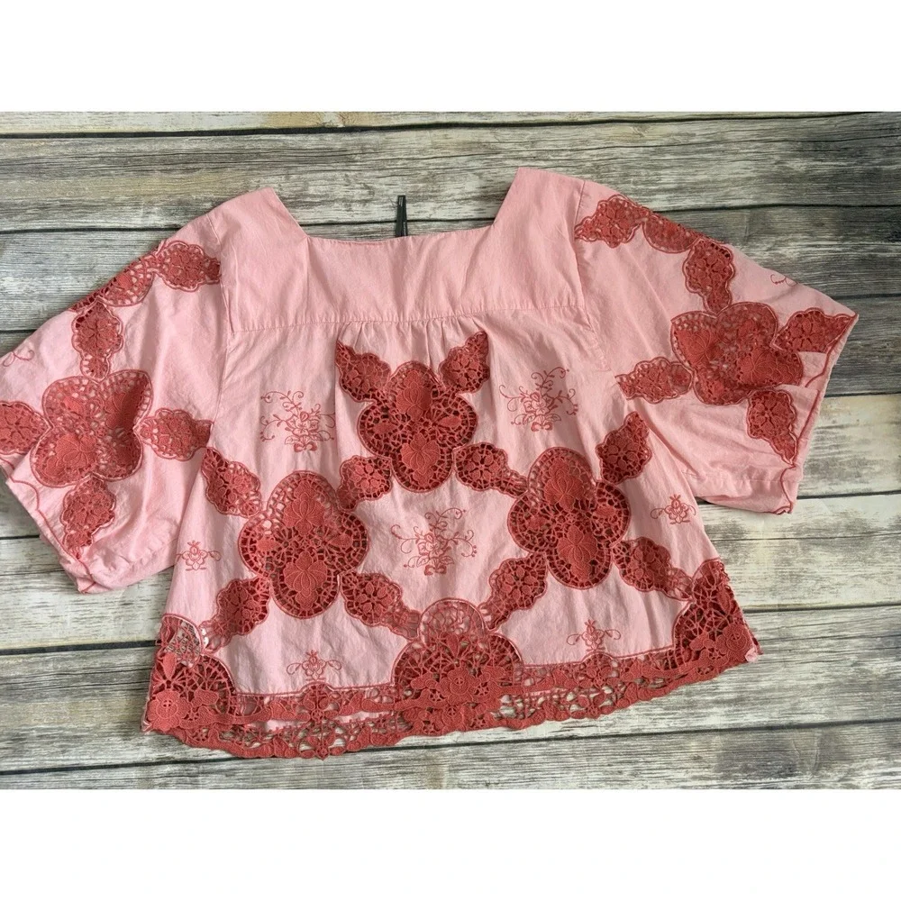 Anthropologie Cotton Puff-Sleeve Cutwork Blouse XL Peach